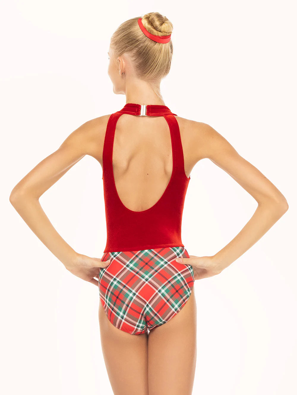 Eleve Elysa Leotard Holiday Plaid Evergreen