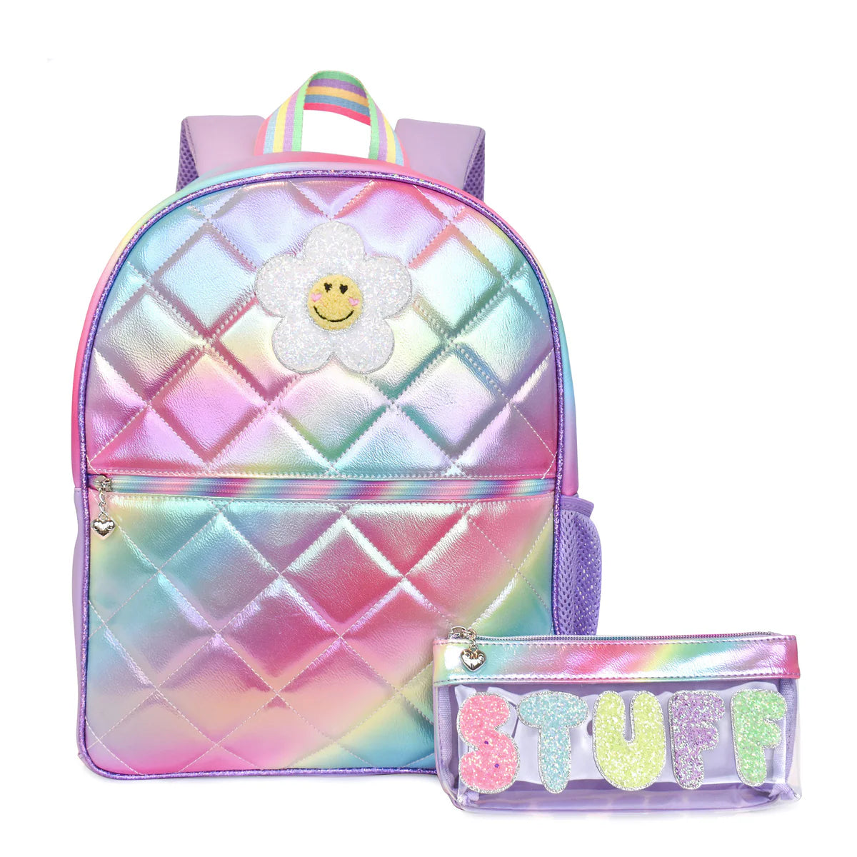 OMG Daisy Metallic Ombre Quilted Large Backpack with 'Stuff' Clear Pencil Pouch