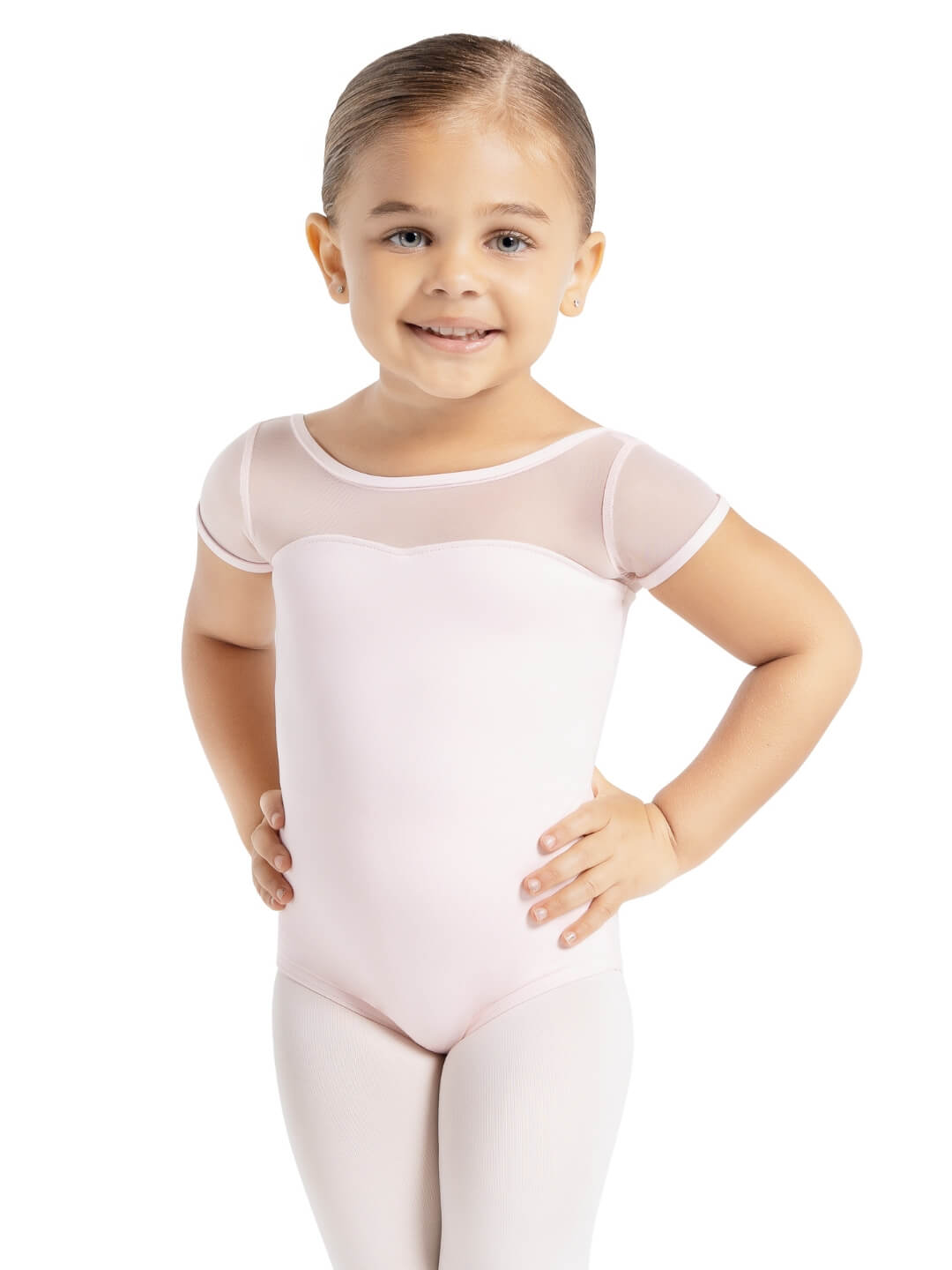 Girls Mesh Yoke Short Sleeve Leotard